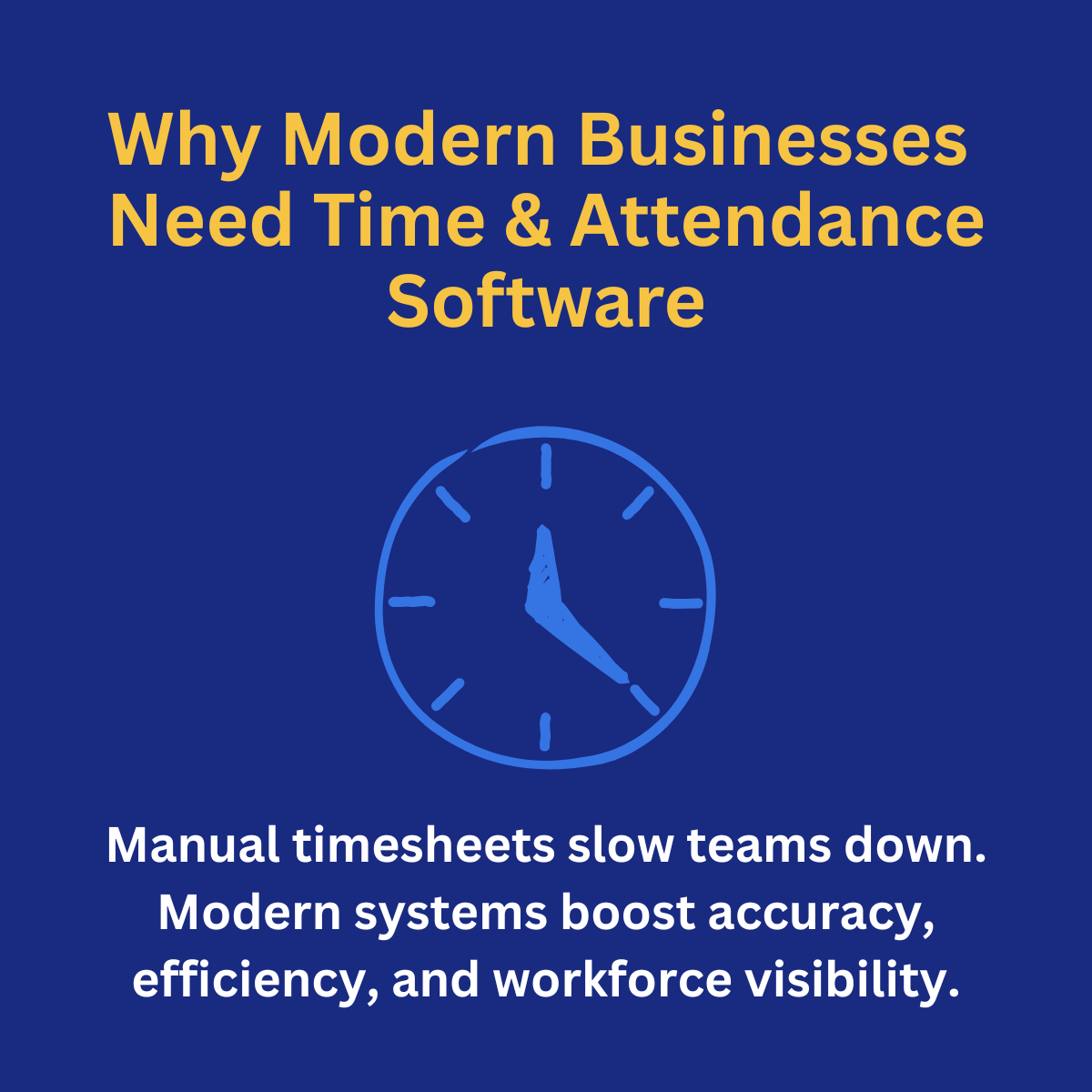 Infographic title slide illustrating modern digital time tracking with clock icon. Why modern businesses need time and attendance software, summarizing the importance of accurate and automated time tracking.