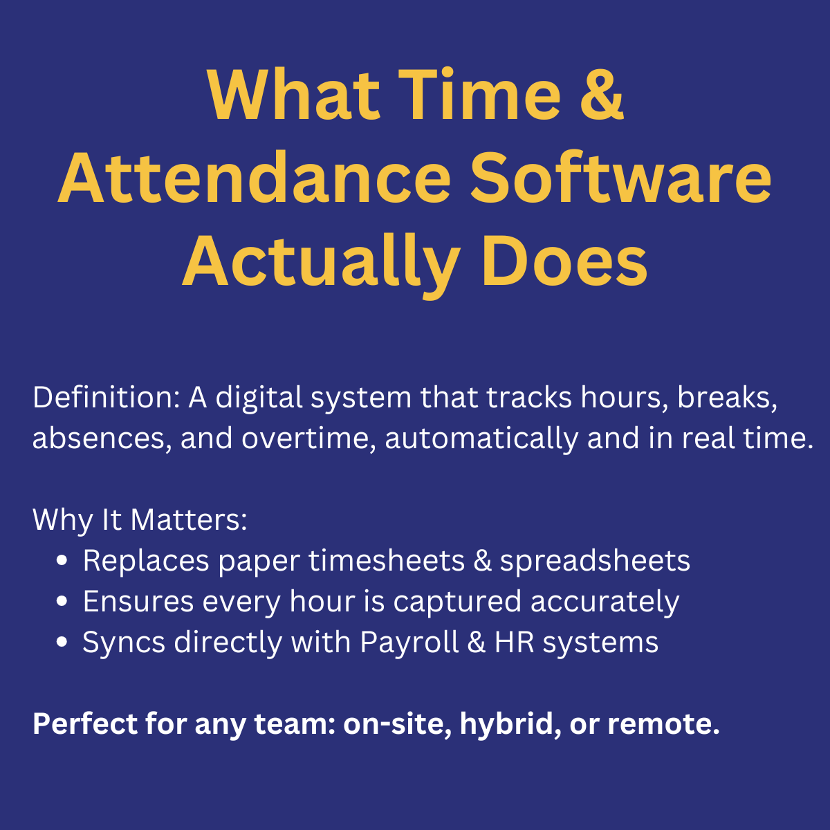 Explains that time and attendance software tracks hours, breaks, absences, and overtime digitally and integrates with payroll and HR systems.