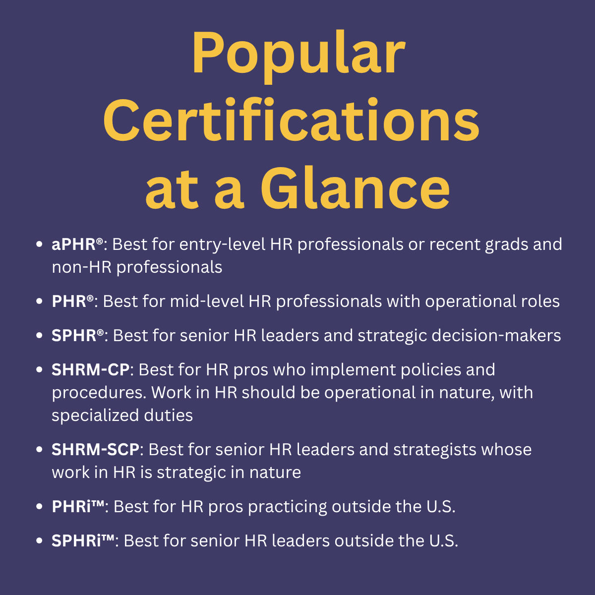HR certifications by experience level and focus.
