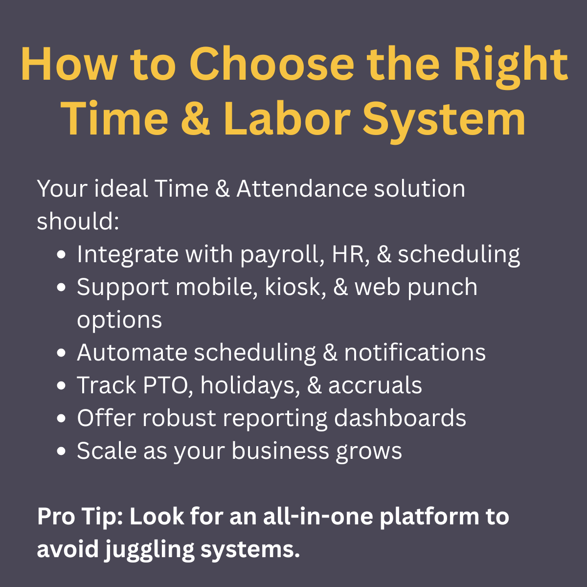Provides a checklist of features to look for in time and attendance software, including integrations, flexible clock-in options, automated scheduling, PTO tracking, reporting, and scalability.