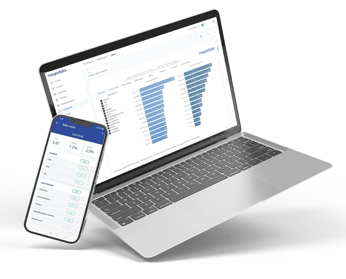 Megadata’s HR and payroll software interface, showcasing features designed to streamline workforce management for healthcare organizations.
