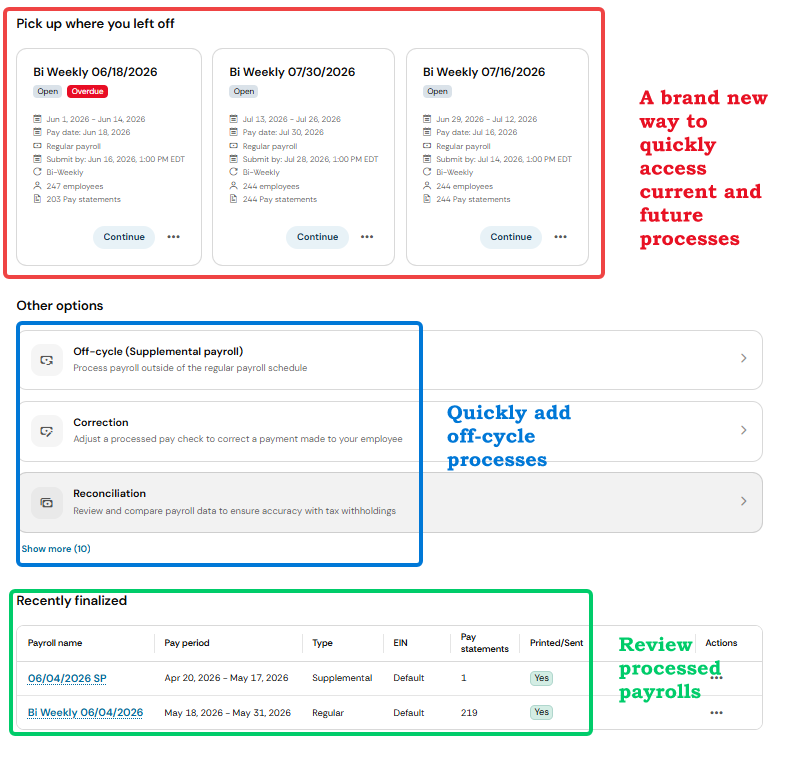 New Payroll home screen in the Excelforce Payroll & Time experience.