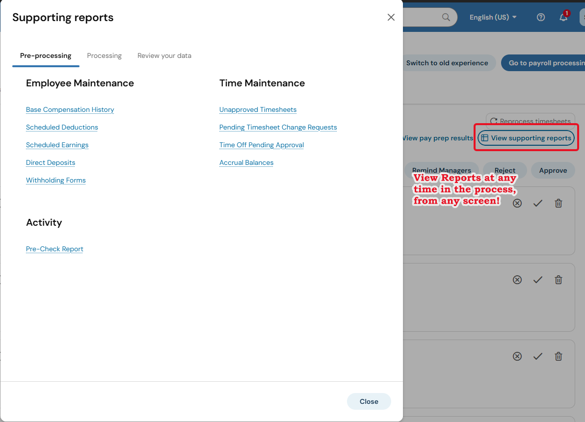Supporting Reports window in the new Payroll & Time experience.