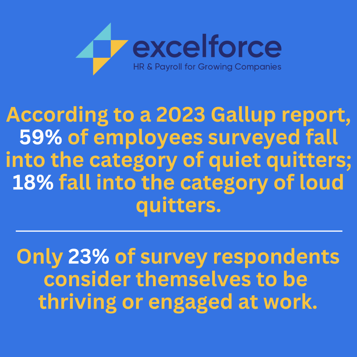 Excelforce-branded graphic displaying a quote from Gallup’s 2023 State of the Global Workplace report: '59% of employees are quiet quitters, and 18% are loud quitters.
